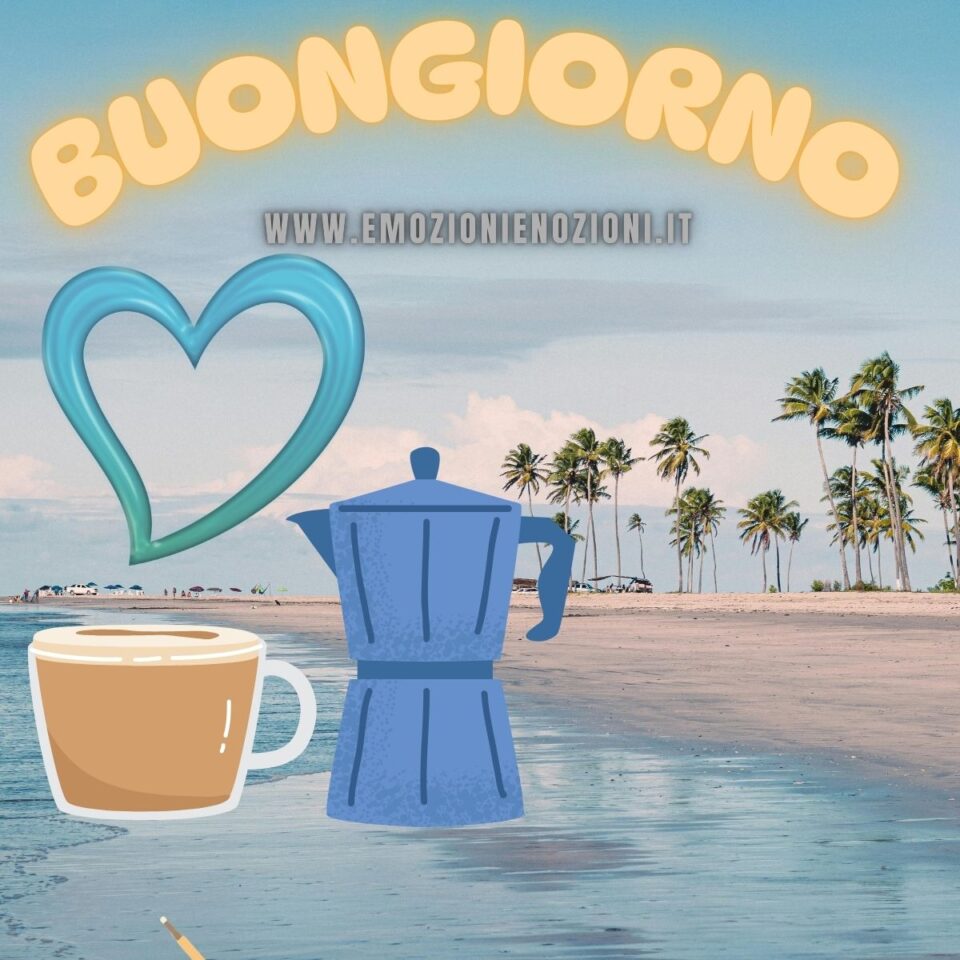 Buon venerdì 27 febbraio 2026 tazza di caffè e moka azzurra al mare