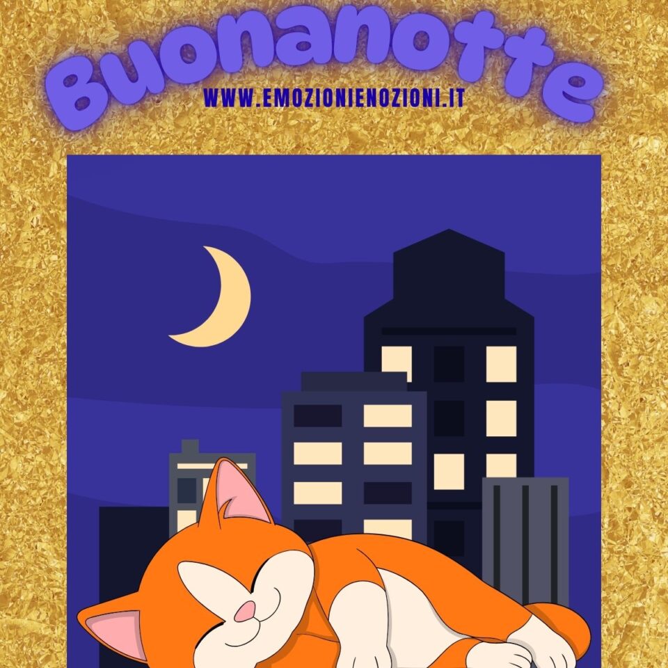 Buonanotte sabato 28 febbraio 2026 gatto arancione che dorme sul tetto sotto la luna