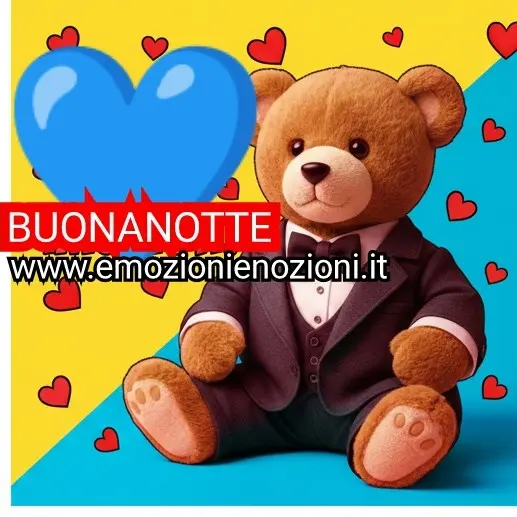 Immagini buonanotte sabato 14 febbraio 2026 san Valentino con orsetto in smoking e cuori