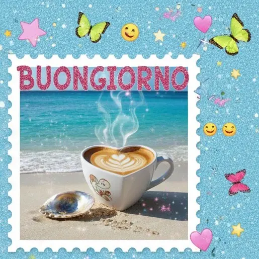 Buon sabato 7 febbraio 2026 tazzina di caffè a forma di cuore sulla sabbia davanti al mare