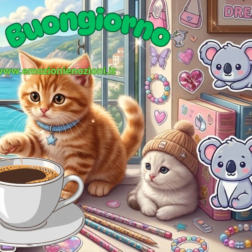 Buon martedì 10 marzo 2026 buongiorno gatti tazza di caffè cuore mare colazione