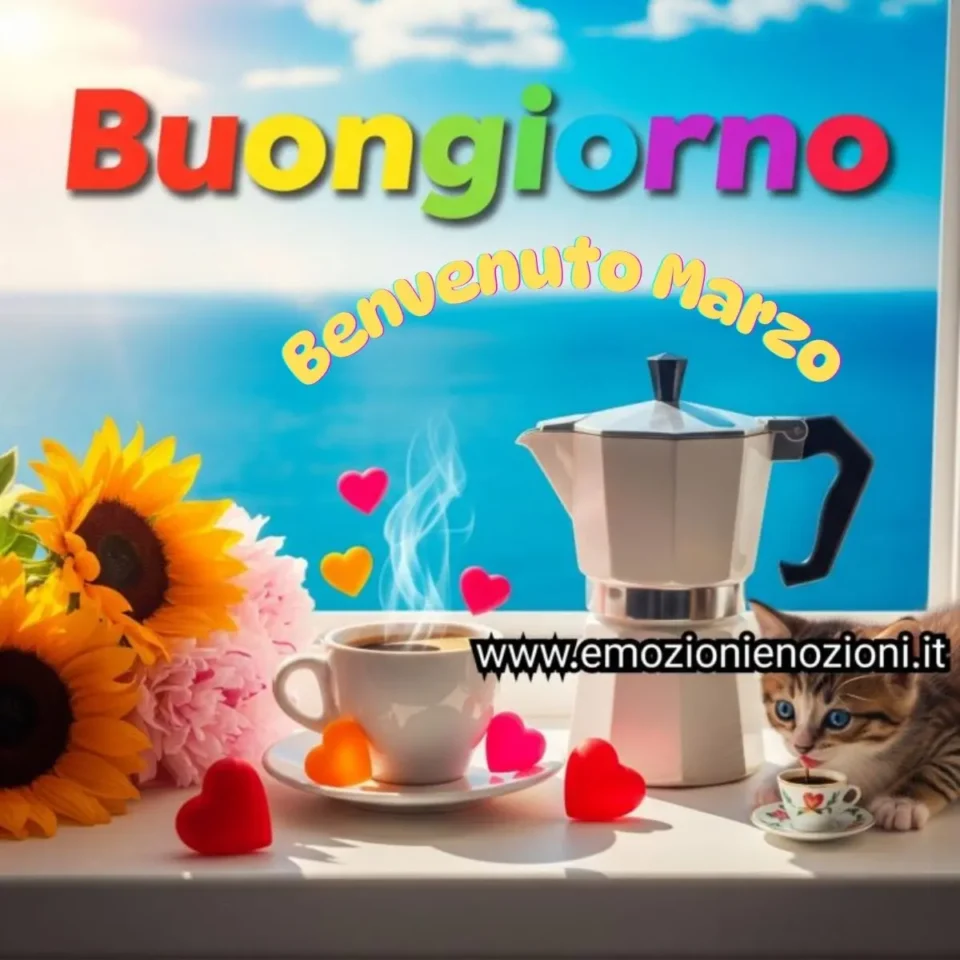 Buon mercoledì 4 marzo 2026 caffè fumante, girasoli e mare cristallino.