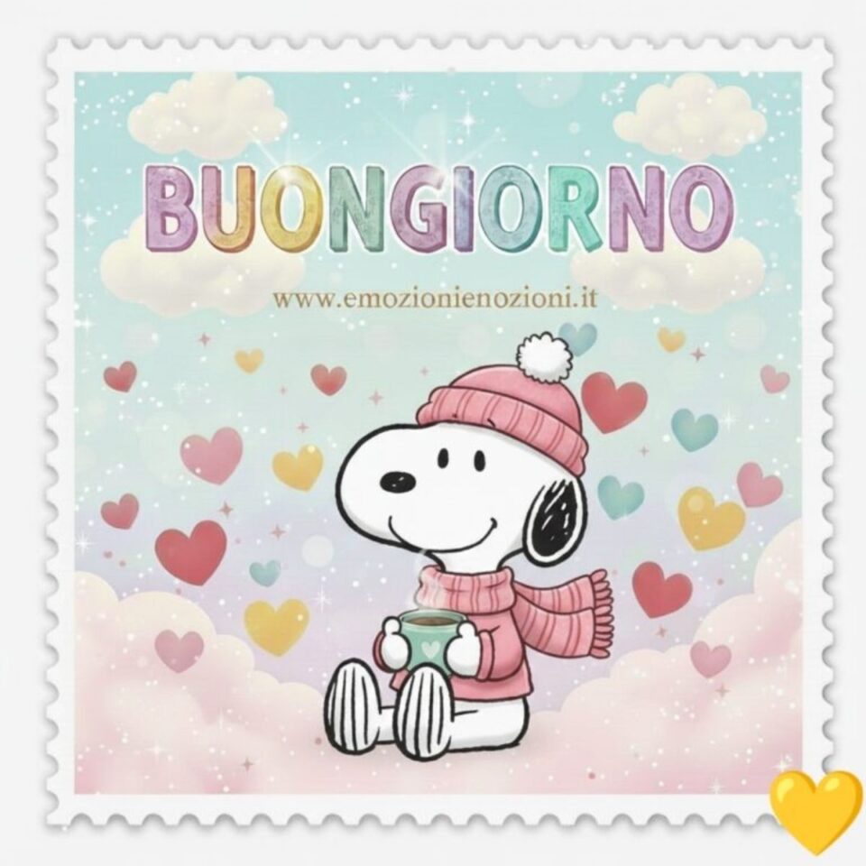 Buon sabato 7 marzo 2026 Snoopy tazza caffè cuori rosa