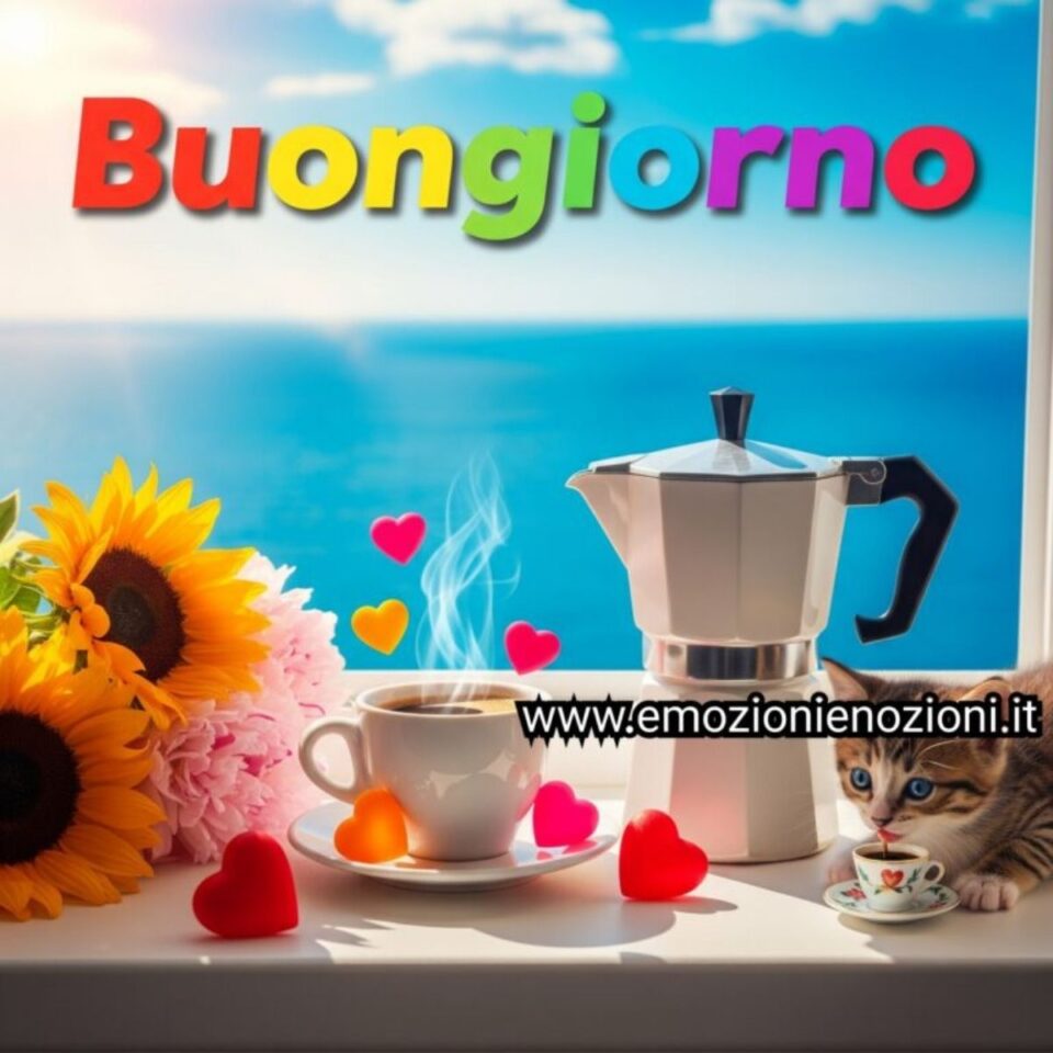 Buon venerdì 6 marzo 2026 gattino tigrato che beve il caffè davanti al mare