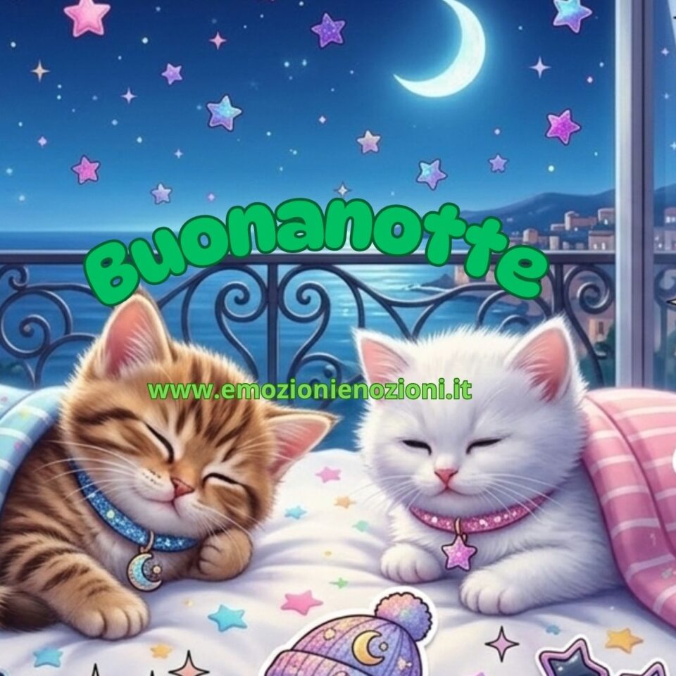 Buonanotte martedì 10 marzo 2026 gatti in pigiama rosa e blu con cuffietta olografica e stelle