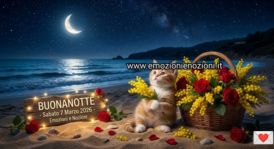 Buonanotte Sabato 7 Marzo 2026 gattino sulla spiaggia con mimosa e rose